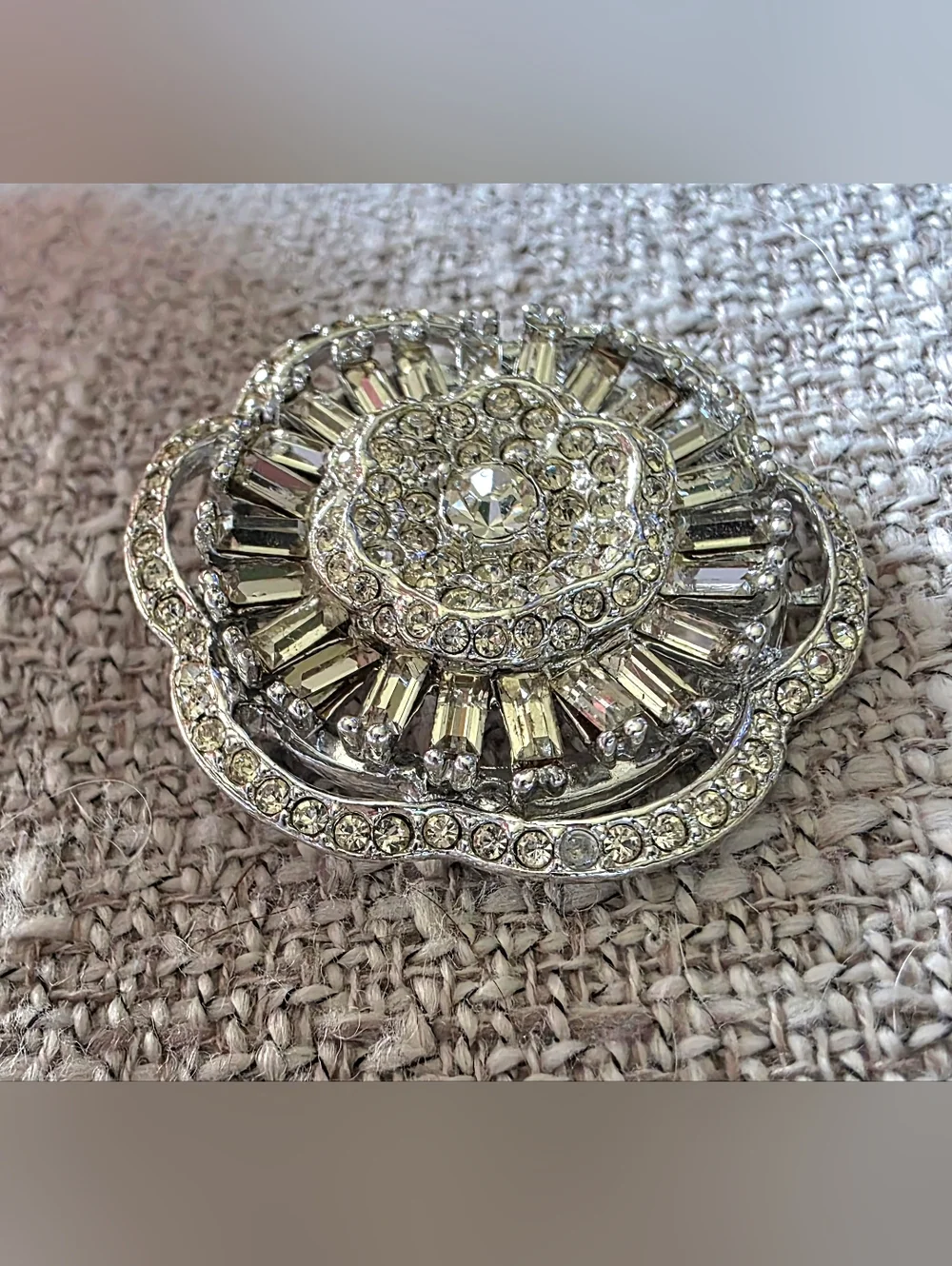 Vintage rhinestone brooch circular, tiered design with clear faceted rhinestones